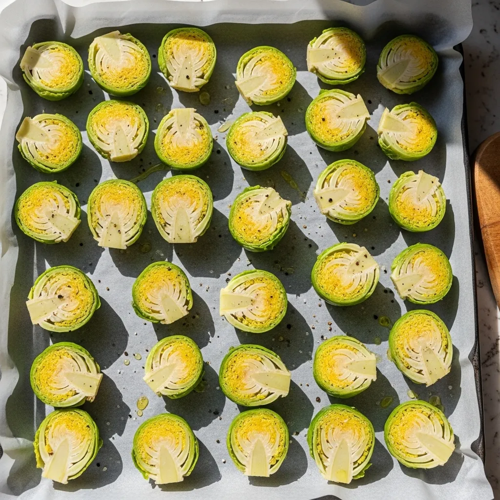 Brussels sprouts arranged cut side down on parchment lined baking sheet