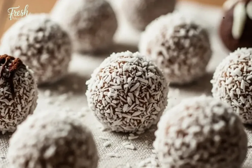 Delicious homemade coconut truffles coated in chocolate and sprinkled with coconut flakes.