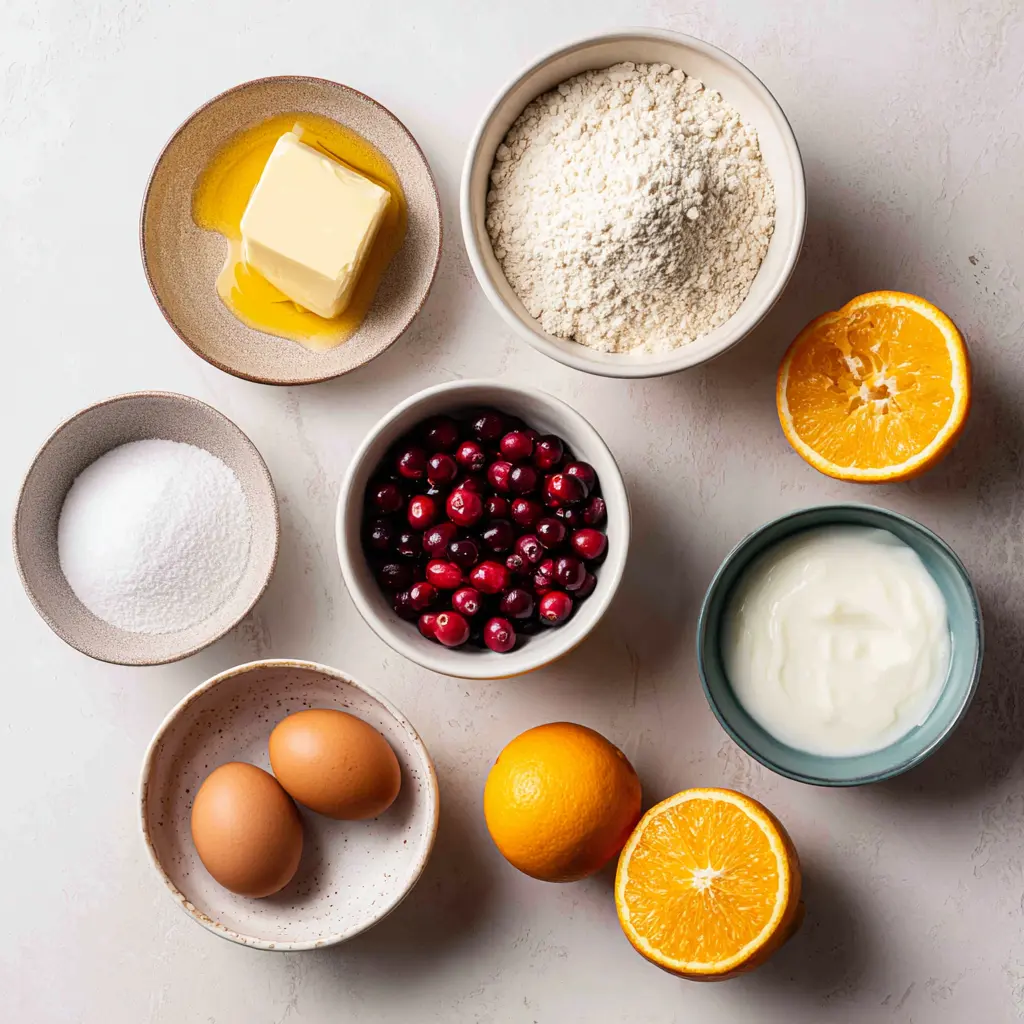 ingredients for cranberry orange breakfast cake arranged on light wooden surface