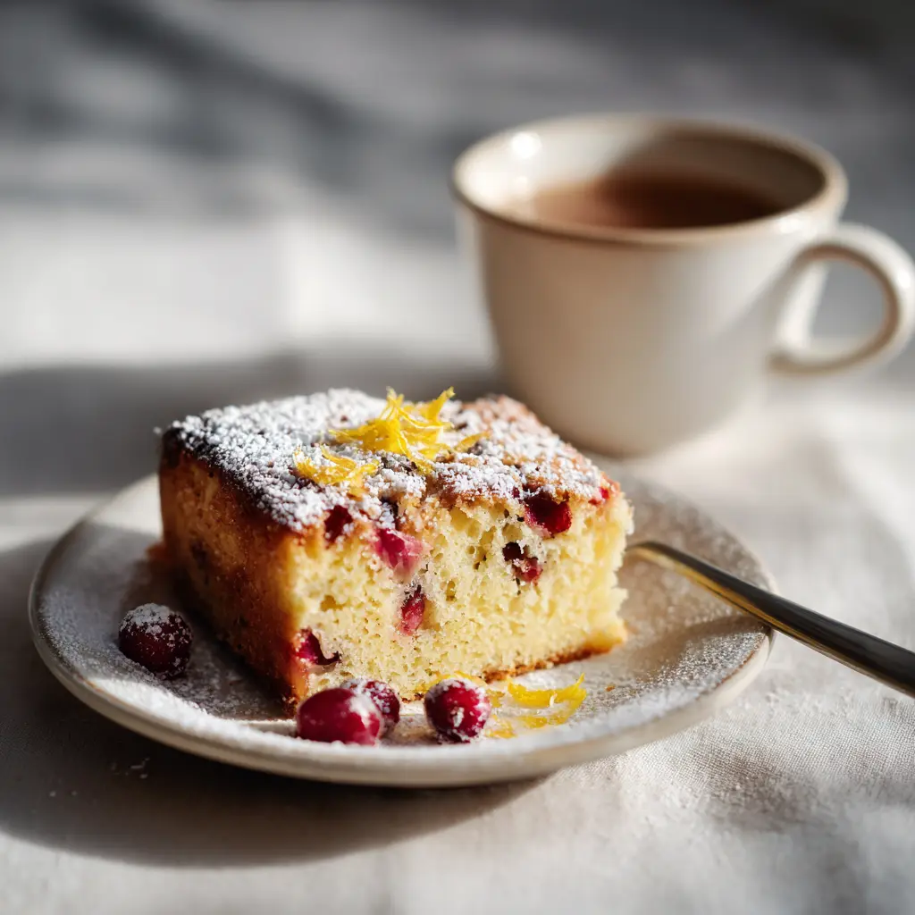 slice of cranberry orange breakfast cake on plate with coffee