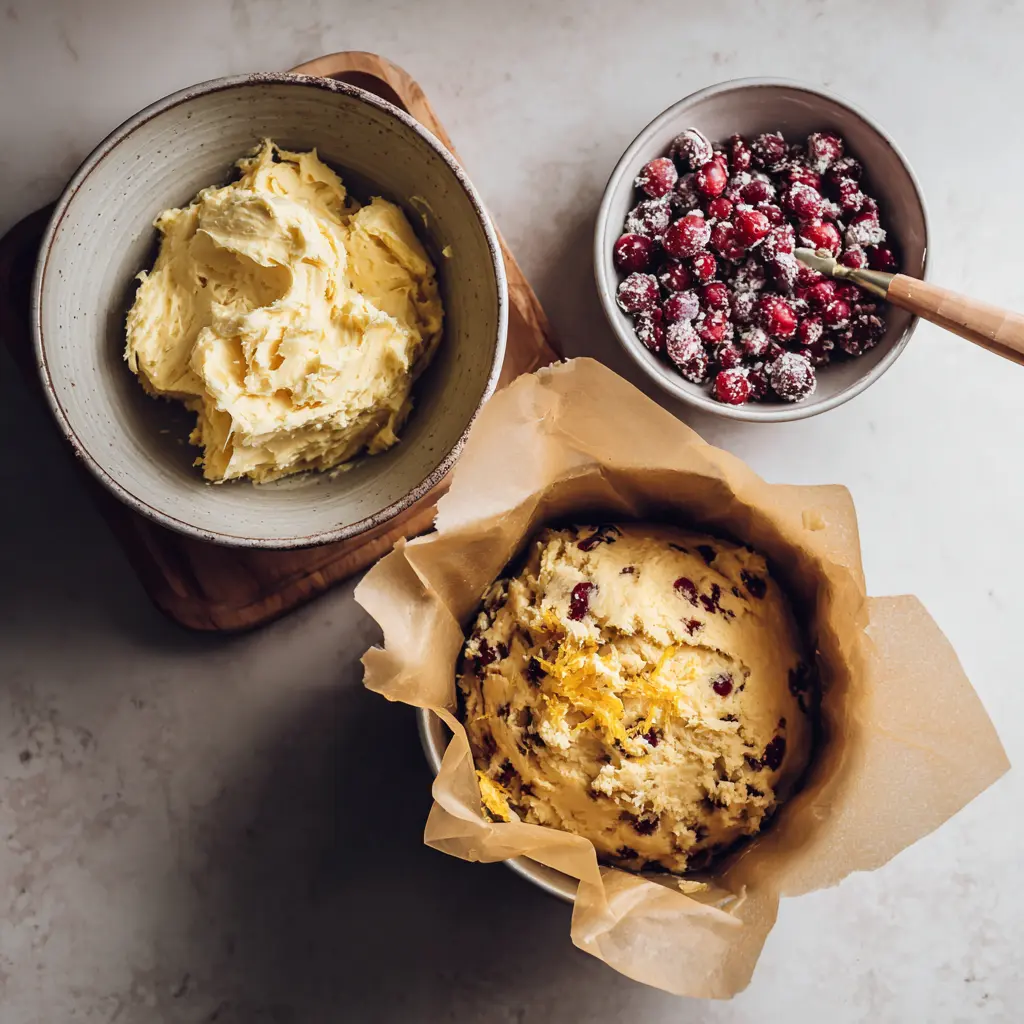 steps for making cranberry orange breakfast cake from creaming butter to batter in pan