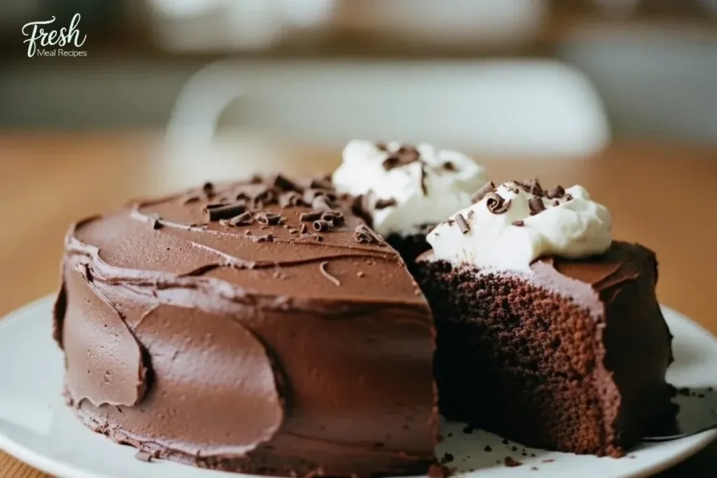 Delicious easy chocolate cake topped with creamy chocolate frosting