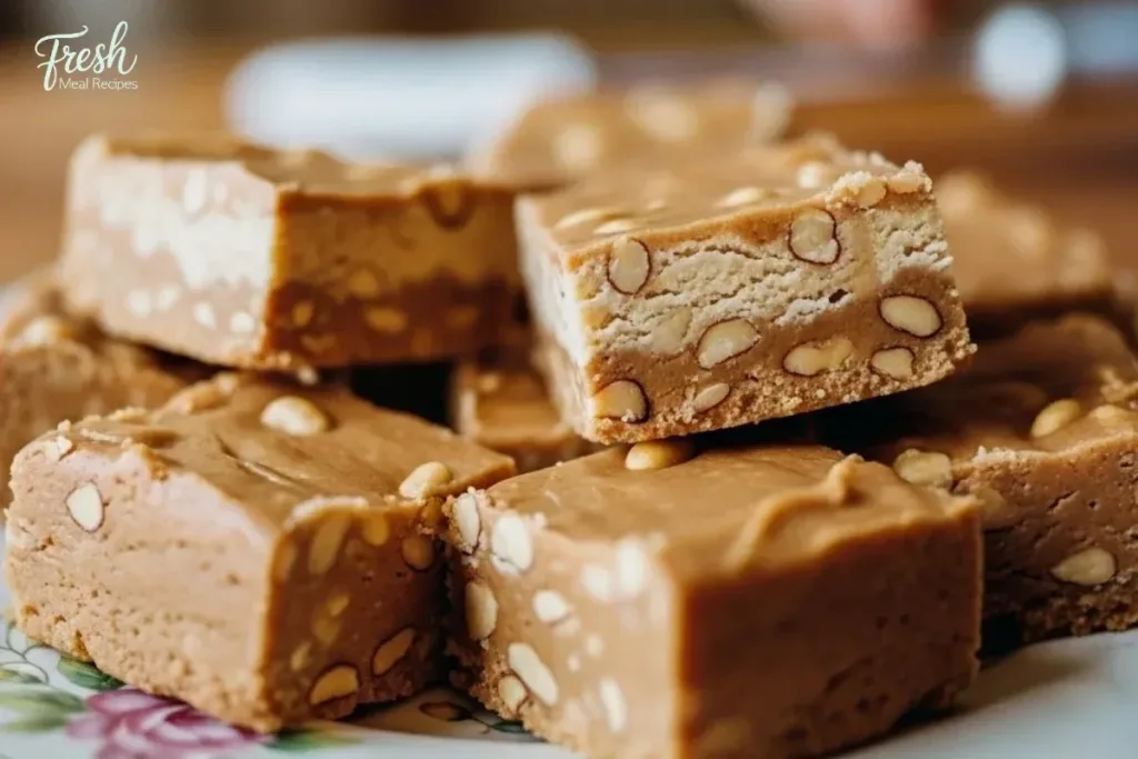 A delicious plate of easy peanut butter fudge squares, ready to enjoy.