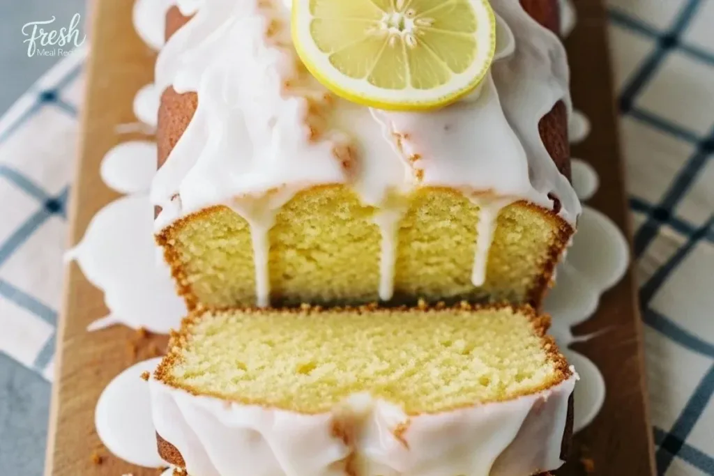 Moist lemon bread topped with a sweet glaze on a decorative plate