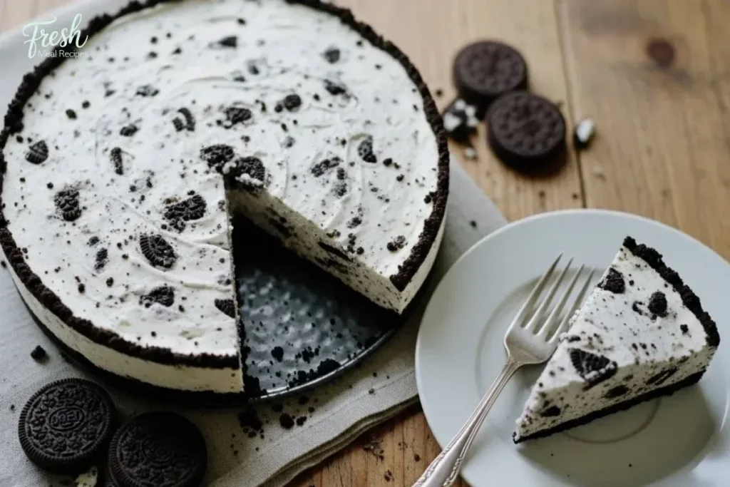 No-bake Oreo cheesecake topped with crushed Oreos and chocolate drizzle