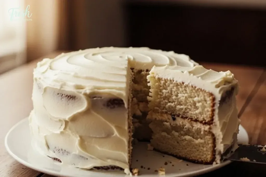 Delicious slice of perfect vanilla cake with frosting and sprinkles