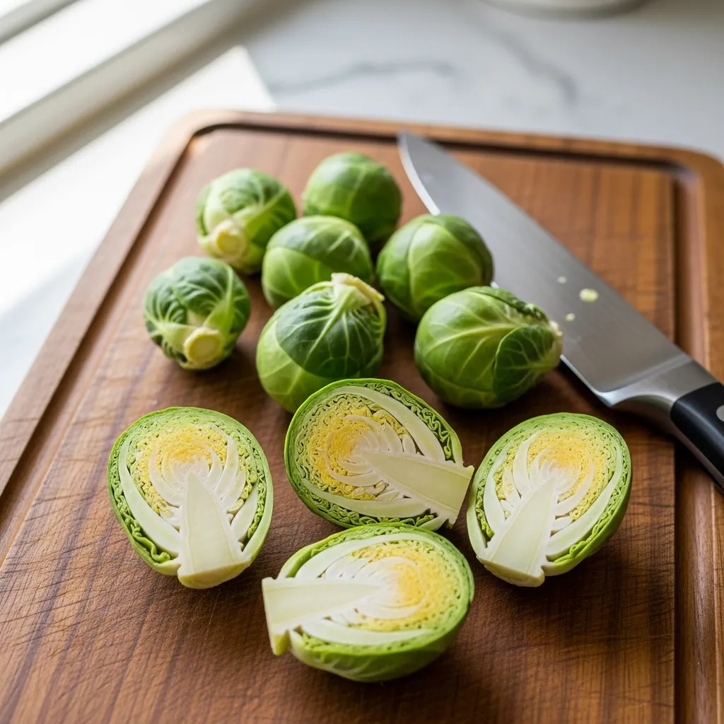 Raw brussels sprouts trimmed and cut in half on wooden cutting board