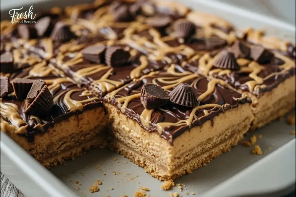 Delicious Reese’s Peanut Butter no-bake bars topped with chocolate.