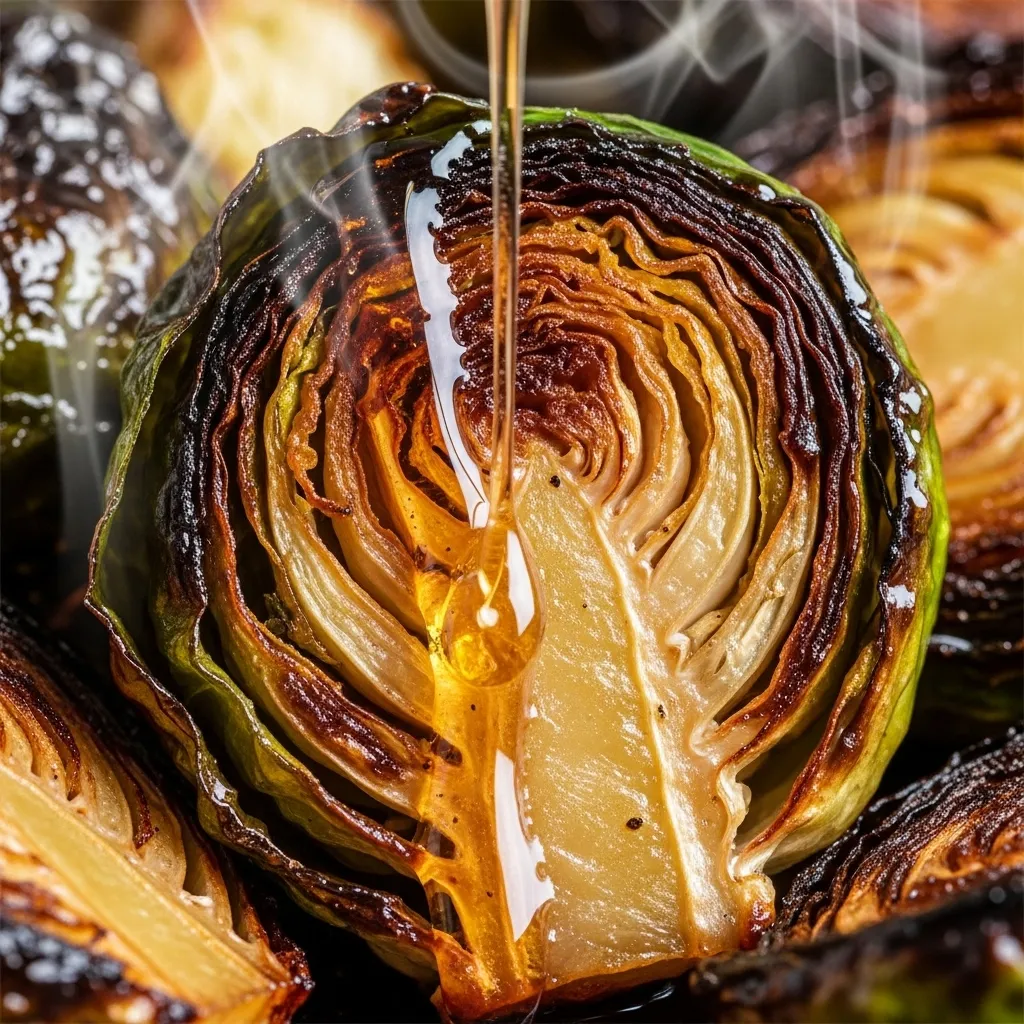 Close up of roasted brussels sprouts showing crispy golden brown caramelized edges