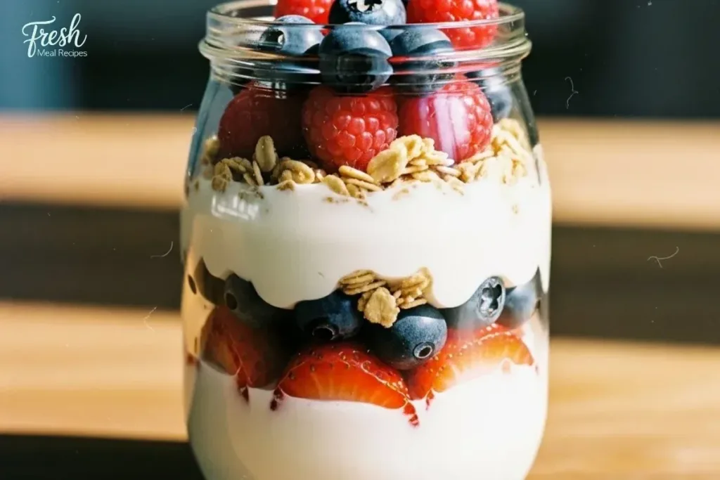 Yogurt parfait cups with fresh fruits and granola served in clear glasses