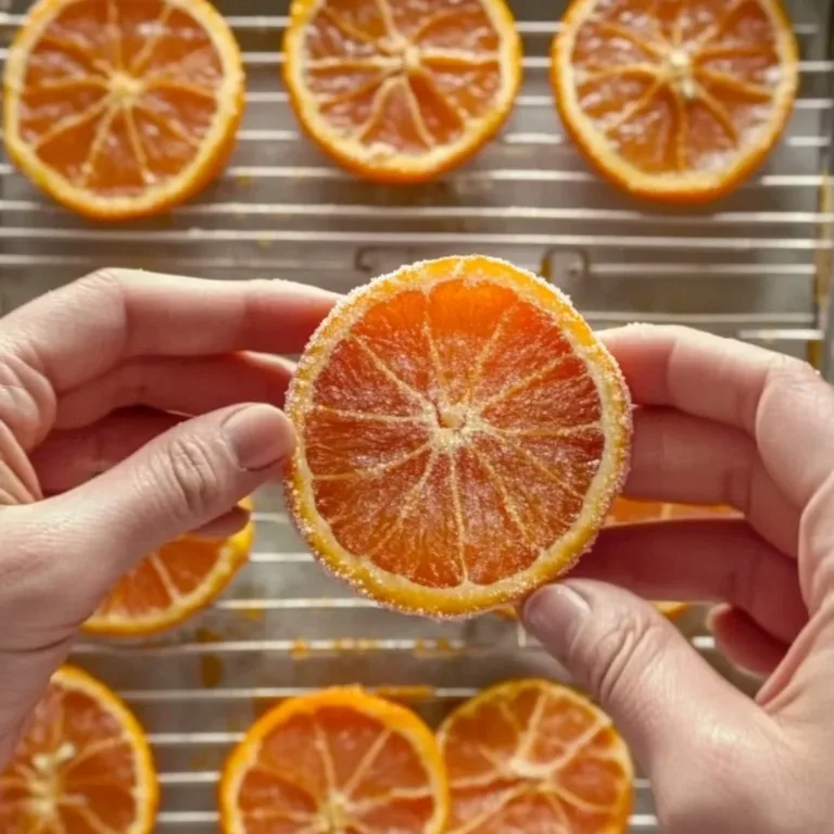 Homemade candied orange slices arranged on a white plate