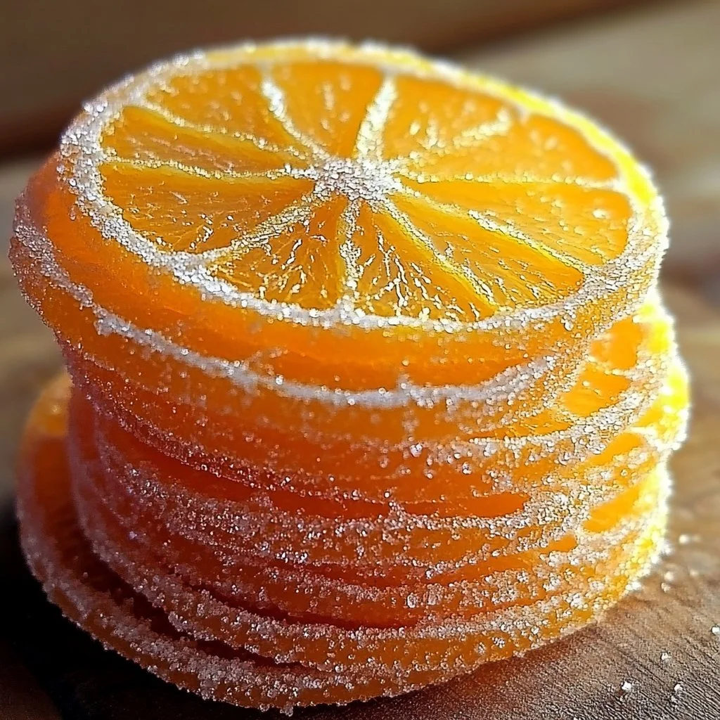Delicious homemade candied orange slices on a wooden plate