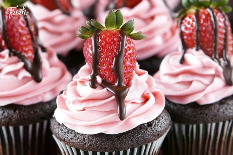 Delicious chocolate covered strawberry cupcakes topped with fresh strawberries