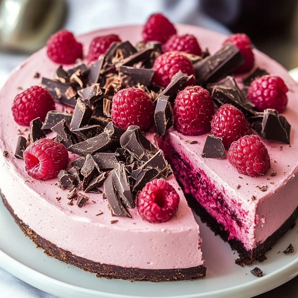 Decadent Chocolate Raspberry Mousse Cake topped with fresh raspberries