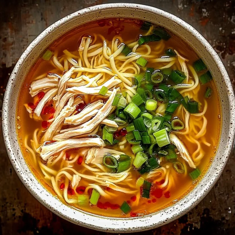 Bowl of Classic Ginger Garlic Chicken Noodle Soup garnished with fresh herbs