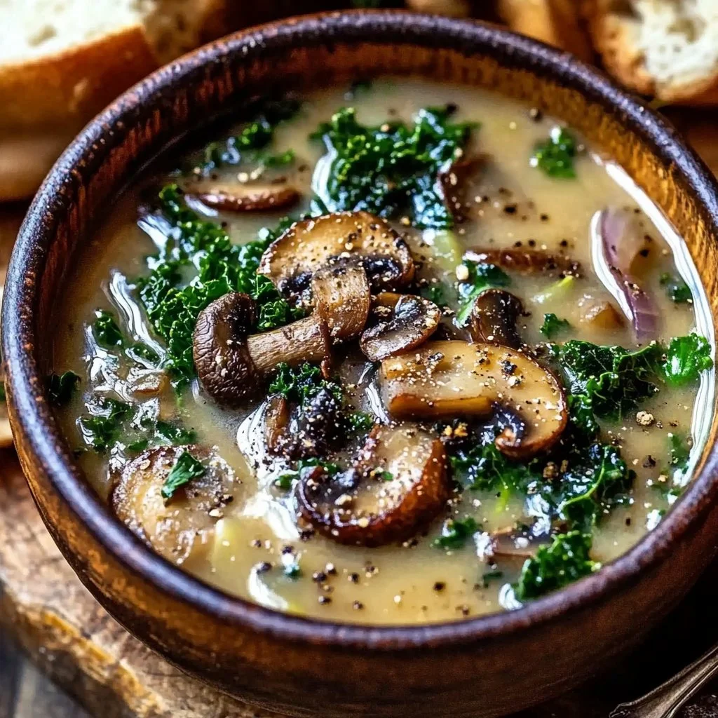 Comforting Wild Mushroom, Caramelized Onion and Kale Soup - homefoodkitchen