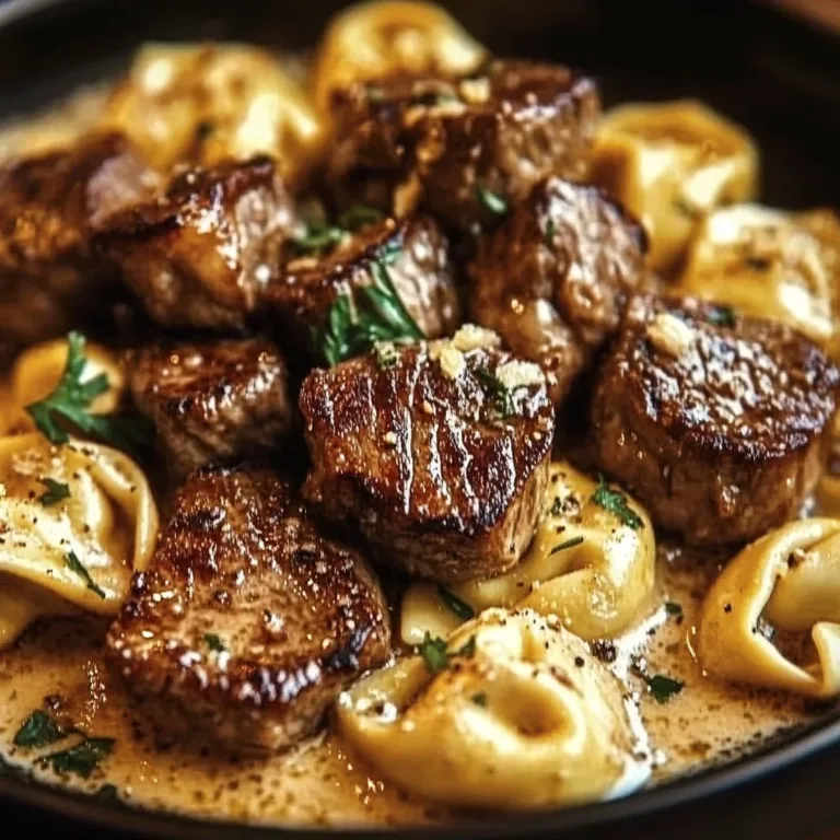 Delicious garlic steak tortellini served in creamy sauce