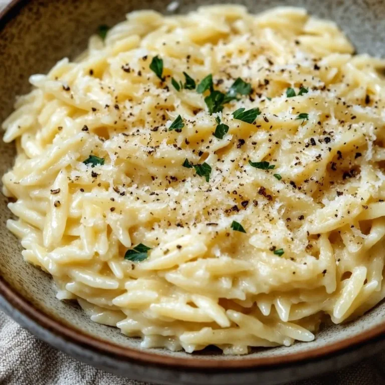 Creamy garlic parmesan orzo dish served in a bowl