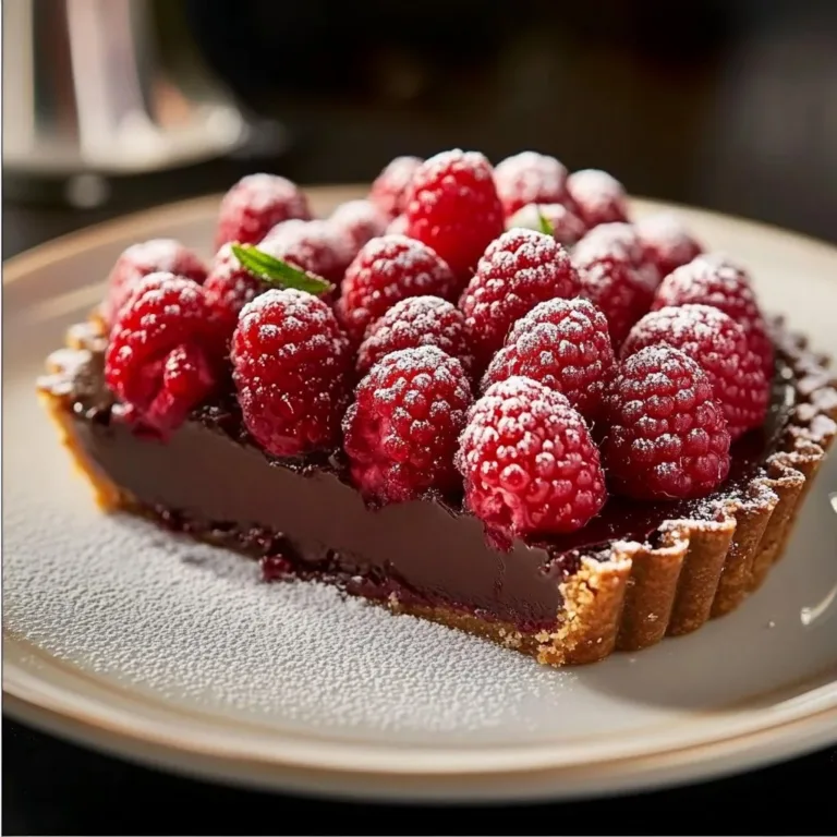 Delicious easy chocolate raspberry tart topped with fresh raspberries.
