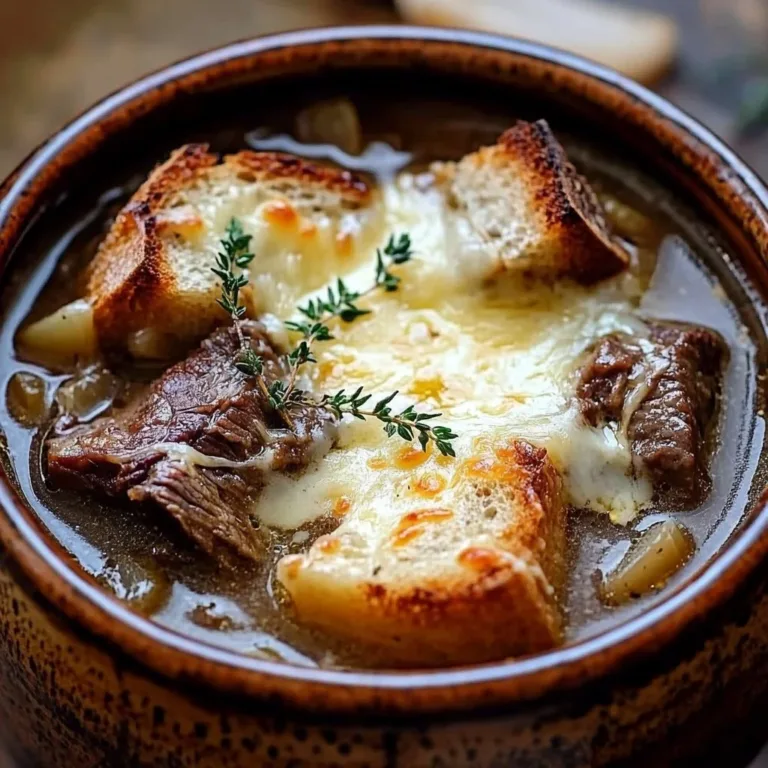 Bowl of French onion beef short rib soup garnished with herbs