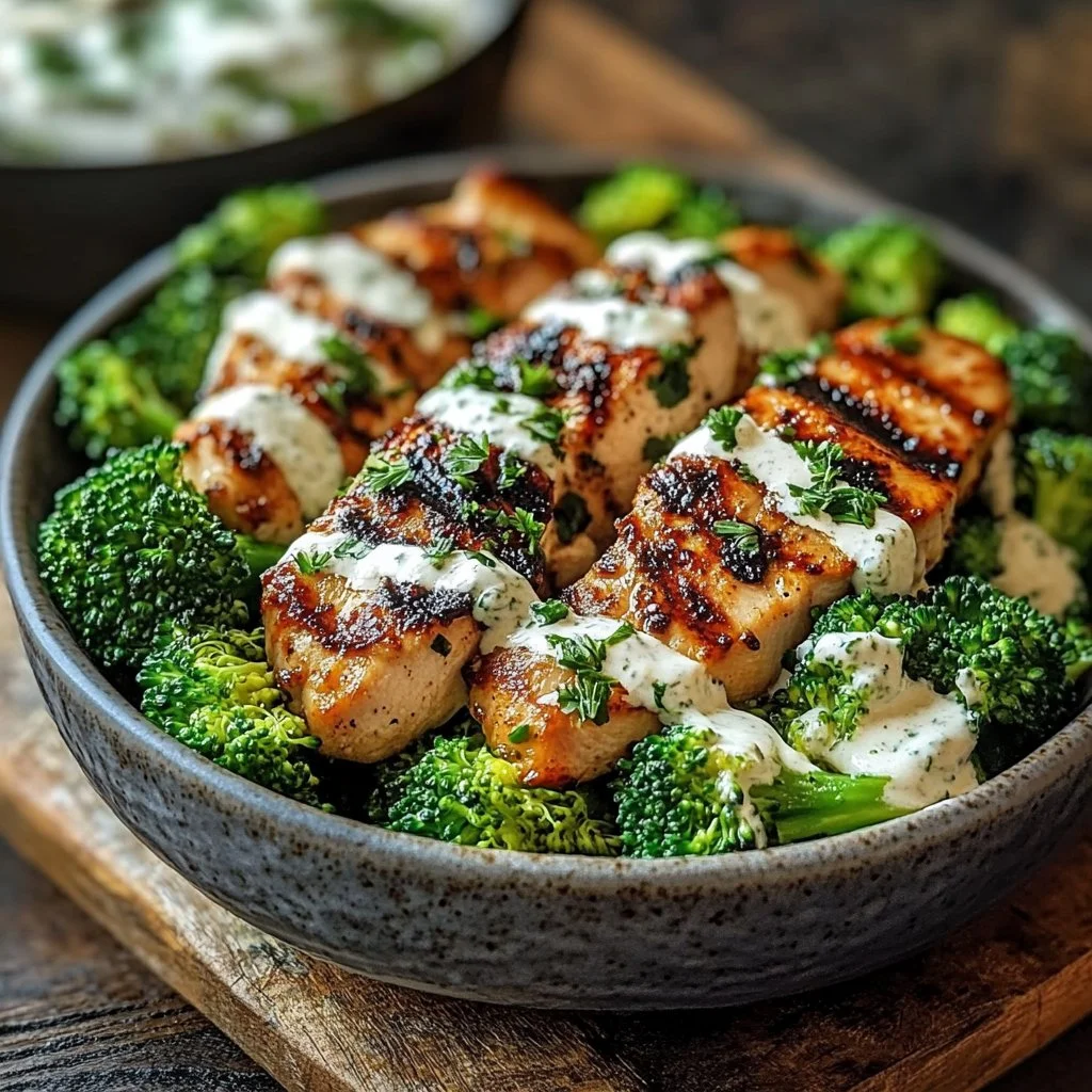 Grilled Chicken and Broccoli Bowls with Creamy Garlic Sauce