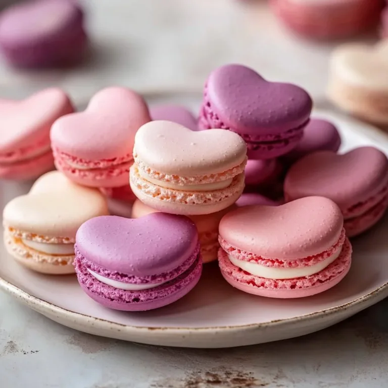 Heart-shaped macarons in various colors and flavors on a decorative plate