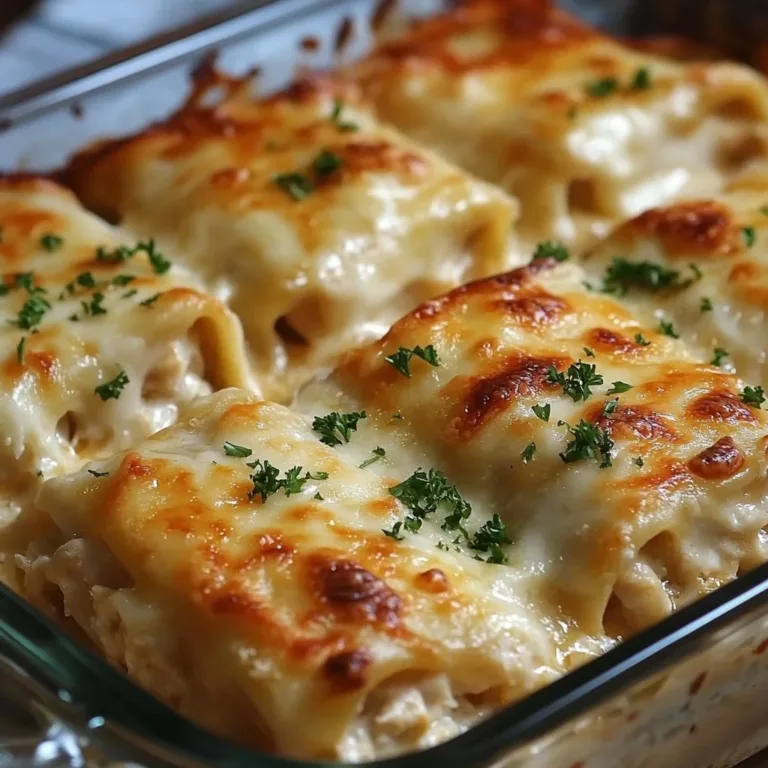 Lasagna rolls stuffed with chicken and coated in Alfredo sauce