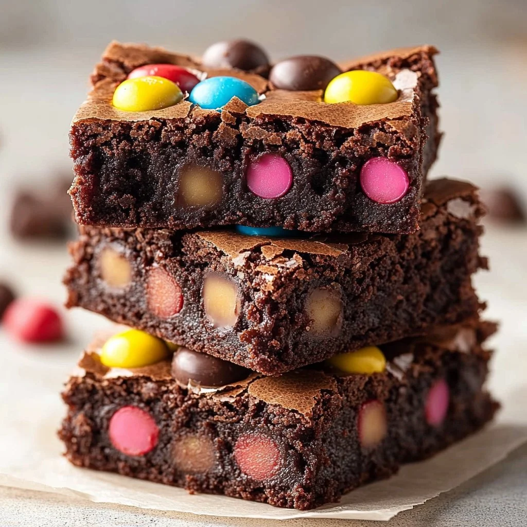 Delicious M&M's brownies with colorful candy toppings on a plate
