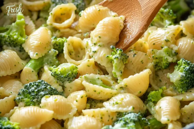One pot healthy broccoli mac and cheese dish with broccoli florets