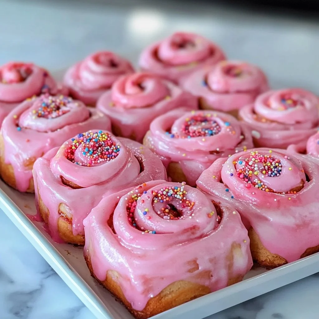 Pink Velvet Cinnamon Rolls topped with cream cheese frosting