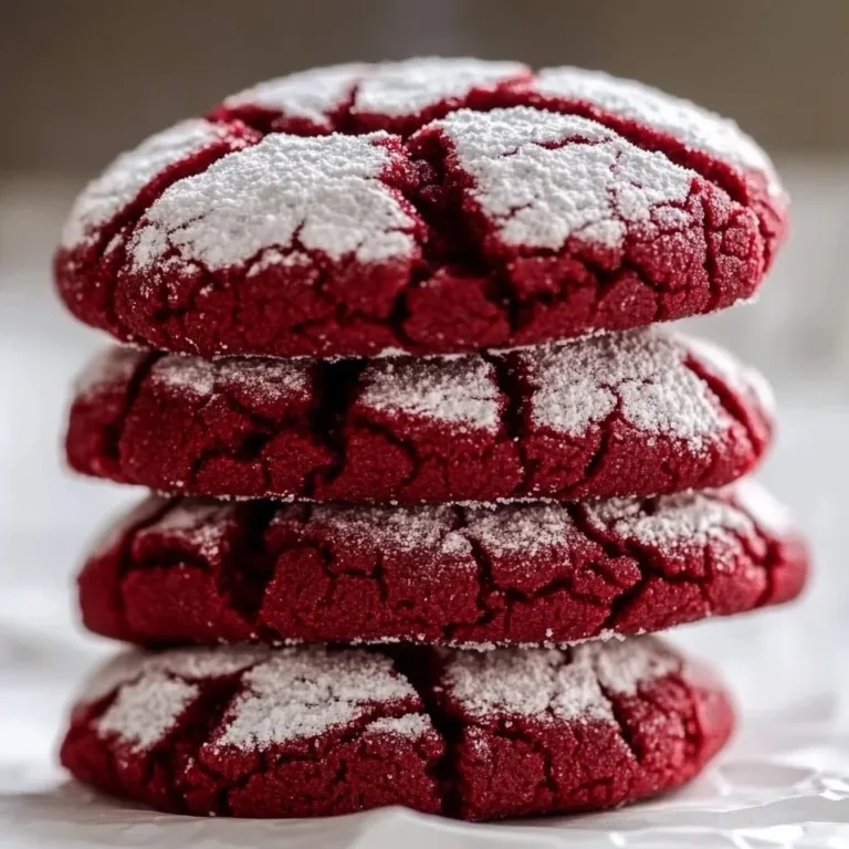 Delicious Red Velvet Crinkle Cookies on a plate with powdered sugar.