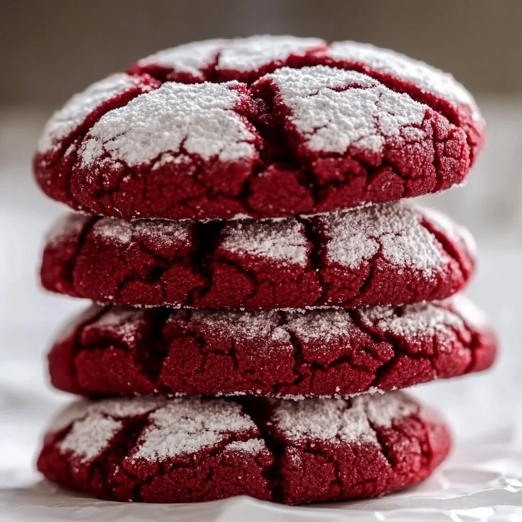 Delicious Red Velvet Crinkle Cookies on a plate with powdered sugar.