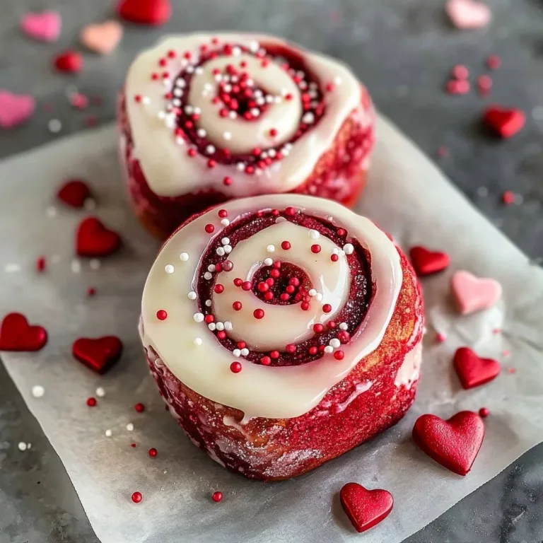 Red velvet Valentine's Day cinnamon rolls topped with cream cheese frosting
