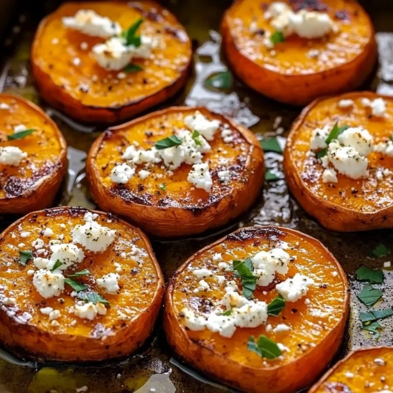 Roasted sweet potato rounds topped with honey and feta cheese.
