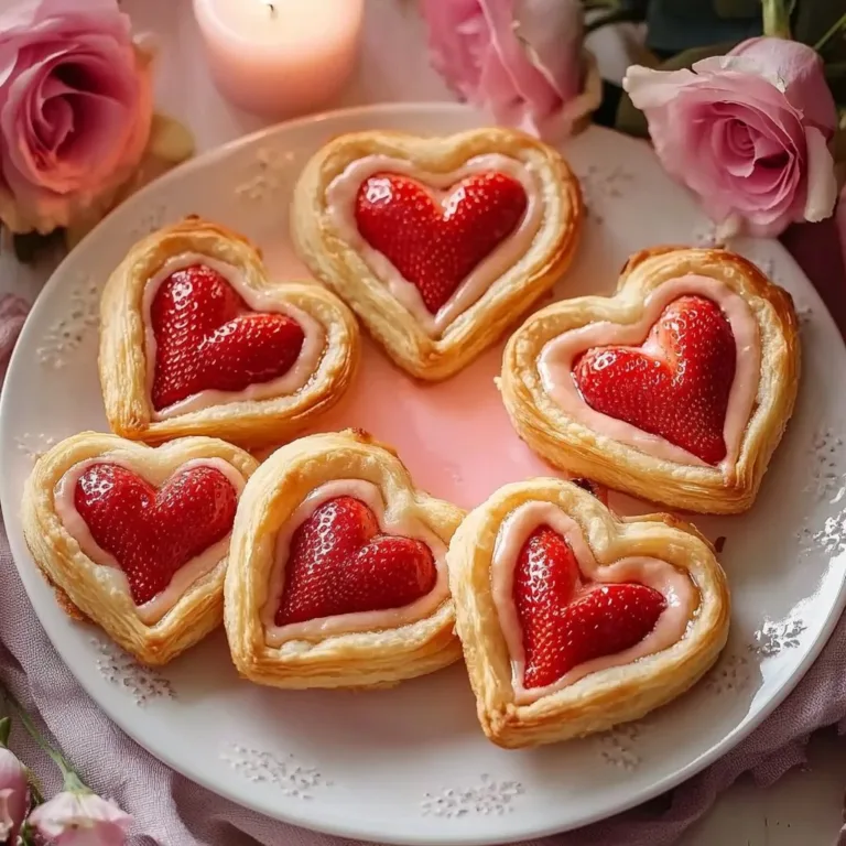 Delicious Strawberry Puff Pastry Danishes garnished with fresh strawberries and icing.