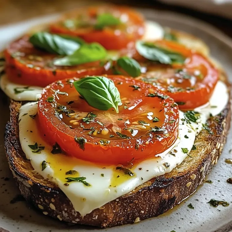 Delicious Tomato Basil Mozzarella Toast garnished with fresh basil