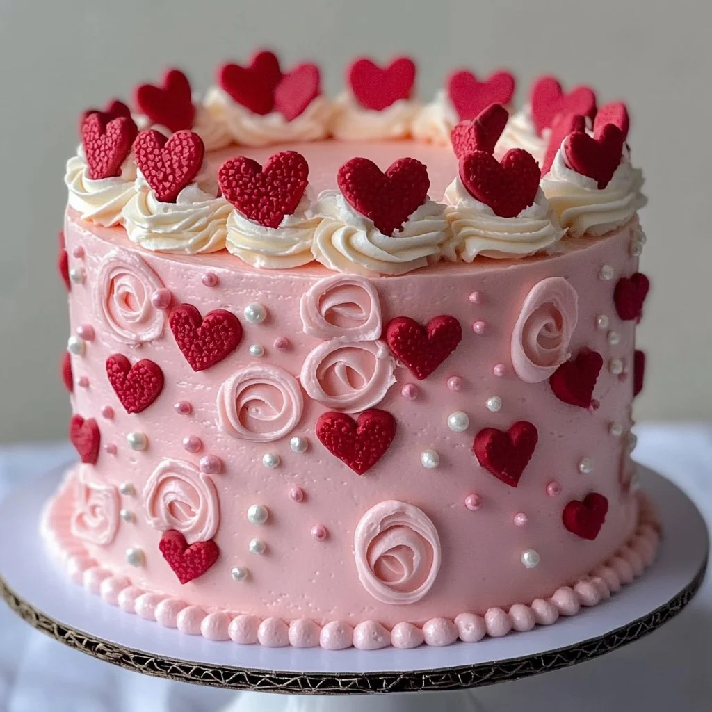 Delicious and beautifully decorated Valentine's Day cake with heart-shaped designs