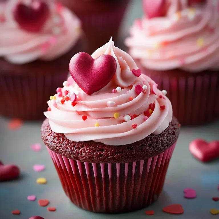 Delicious Valentine's Day cupcakes in heart shapes with pink frosting.