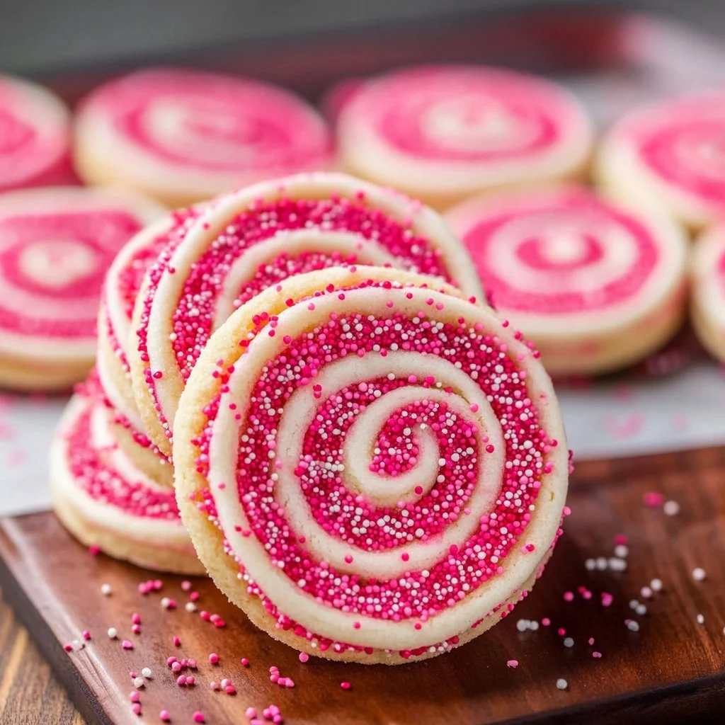 Valentine's Day swirl cookies with colorful marbled icing and heart decorations.