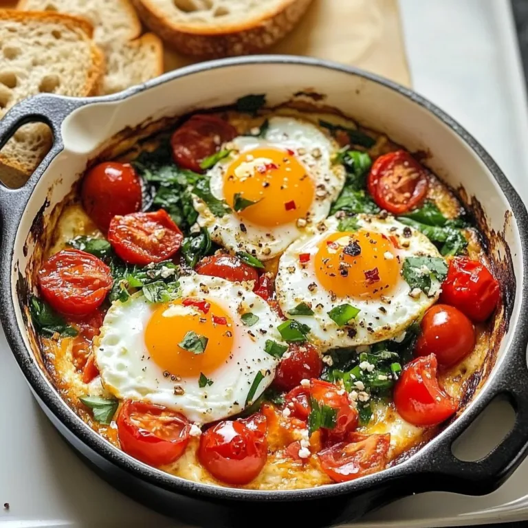 Baked feta eggs with tomatoes and spinach served in a dish