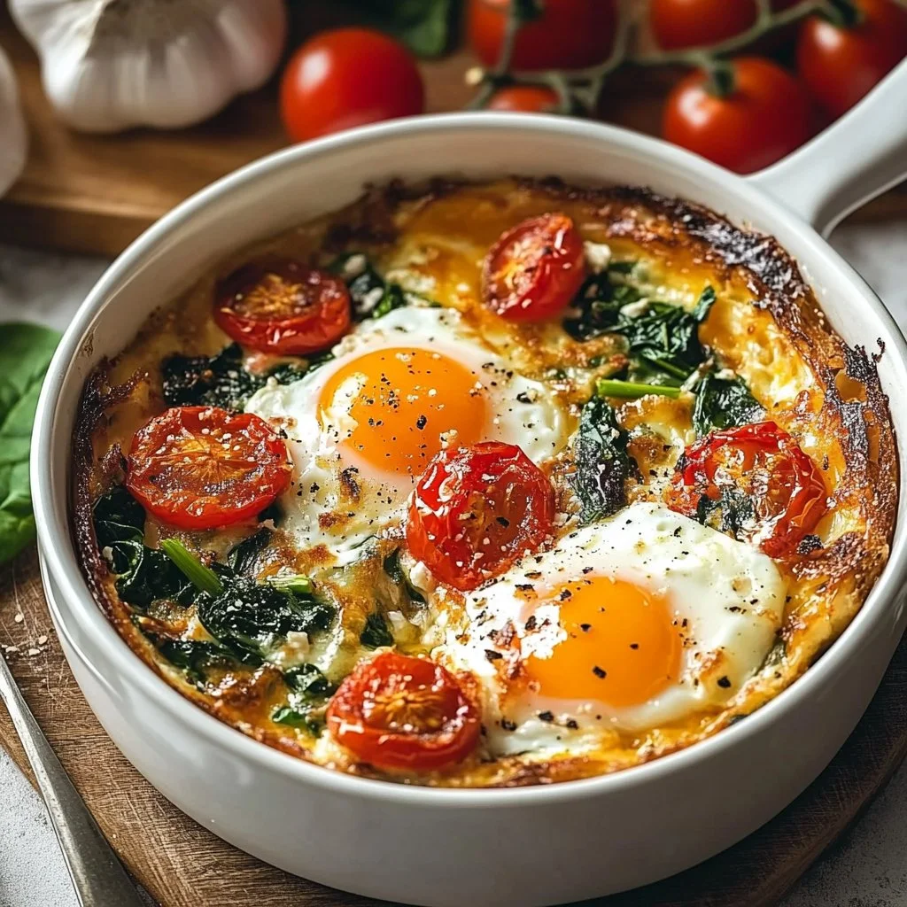 Baked Feta Eggs with Tomatoes and Spinach