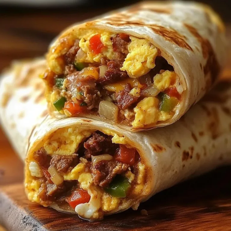 Delicious Cowboy Breakfast Burrito filled with eggs, sausage, and fresh veggies.