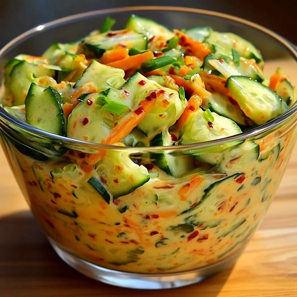 Creamy Asian cucumber salad bowl with fresh ingredients and vibrant colors