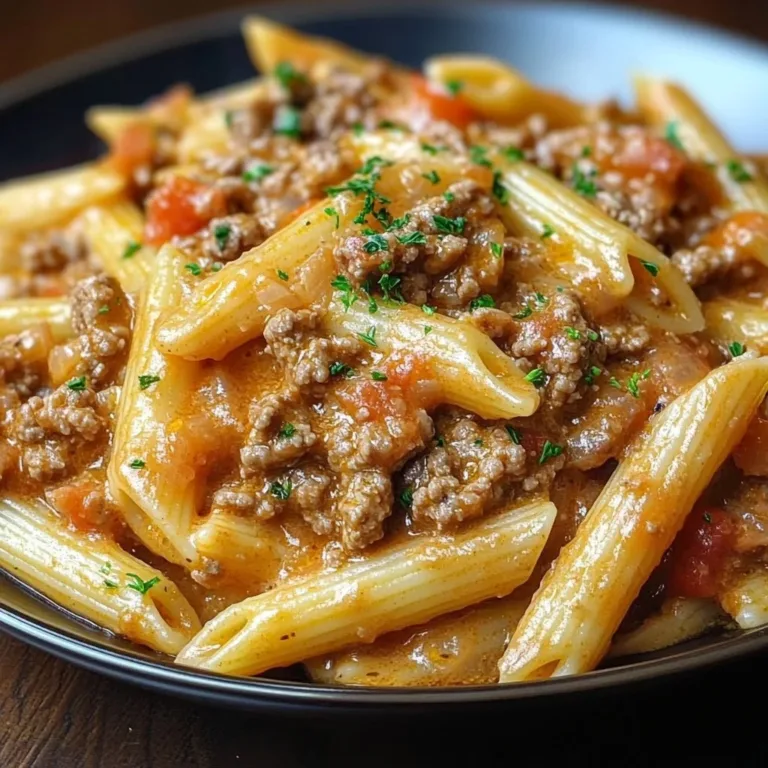 Creamy beef pasta dish with juicy beef and rich sauce