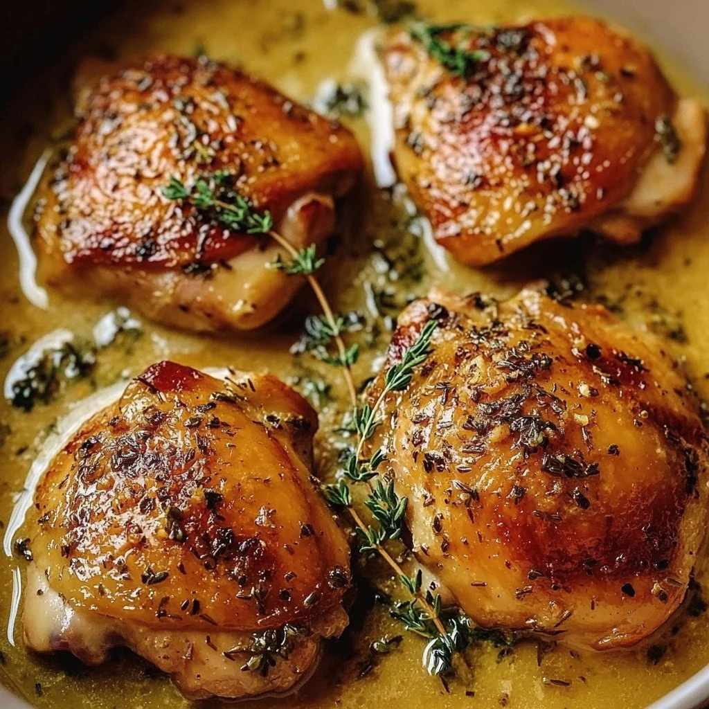 Delicious creamy garlic chicken thighs served on a plate with herbs.