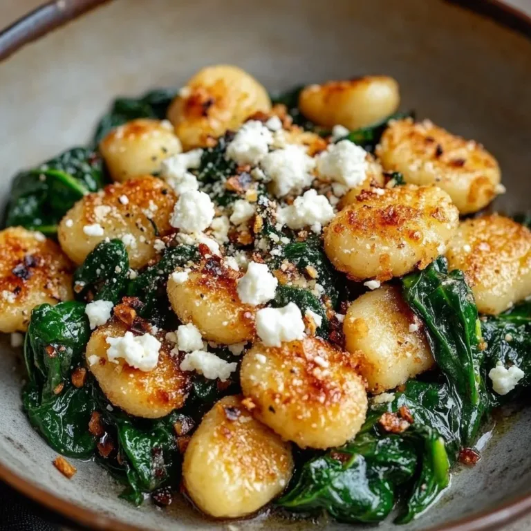 Creamy gnocchi dish with spinach and feta cheese, served in a bowl.