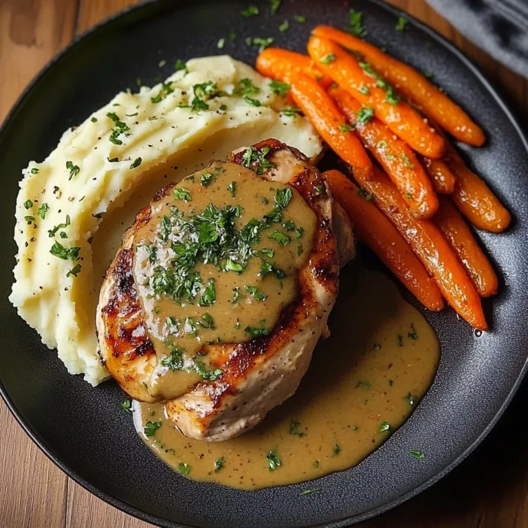 Creamy Herb Chicken served with mashed potatoes and glazed carrots for dinner.