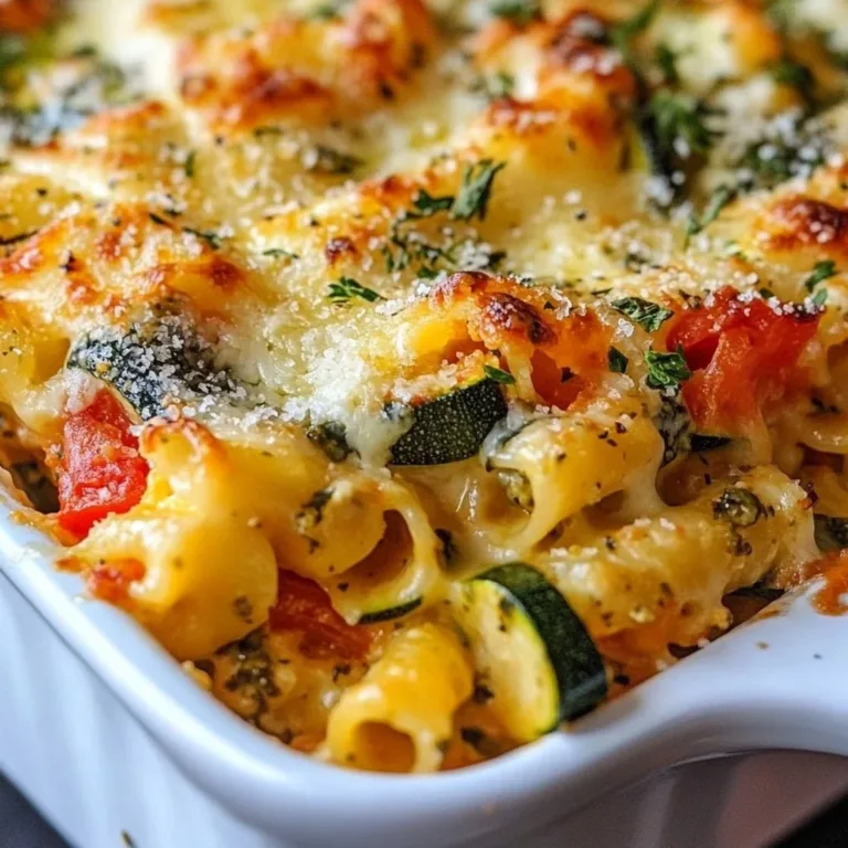 Baked Mediterranean vegetable pasta with colorful vegetables and cheese