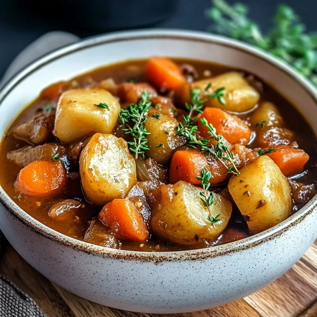 Bowl of Irish Vegetarian Stew filled with fresh vegetables and herbs