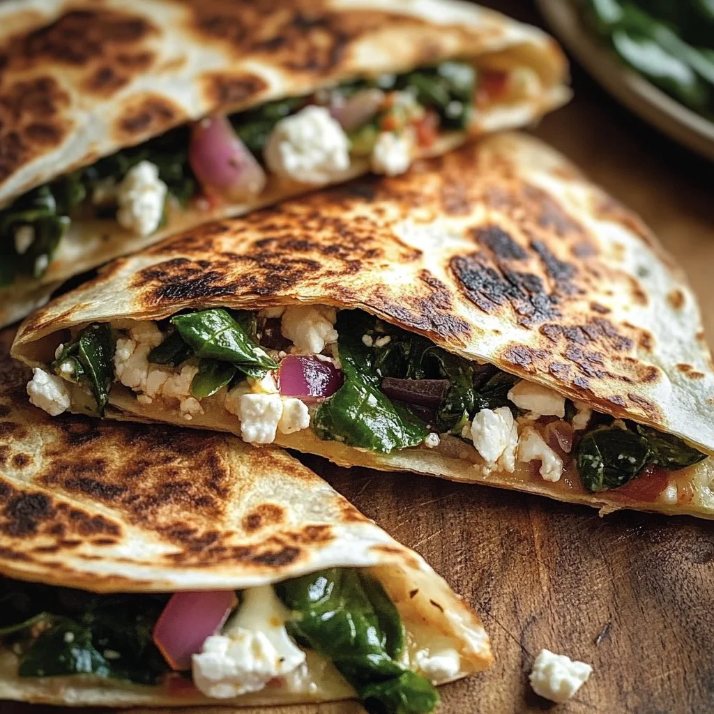 Mediterranean Quesadillas with Spinach, Feta, Mozzarella, and Red Onion